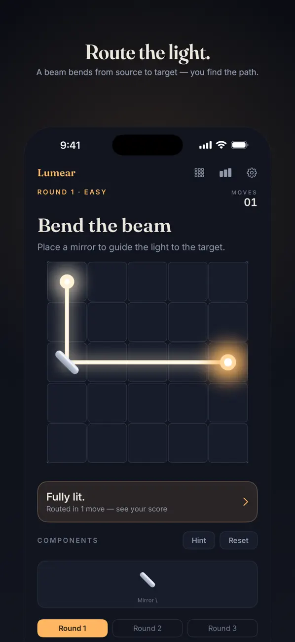 Lumear light beam puzzle: route the beam with mirrors to the target