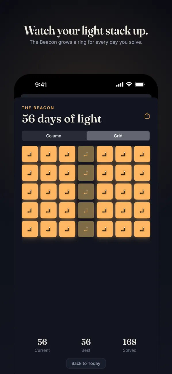 The Beacon: a daily puzzle streak drawn as a glowing column of light
