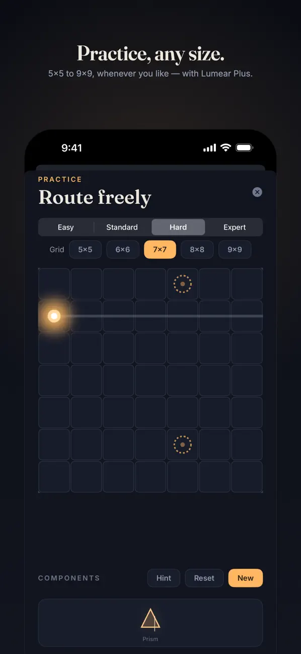 Practice mode in Lumear Plus: any grid size, any time
